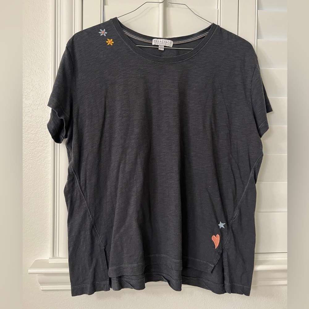 PJ Salvage Charcoal Gray Embroidered Tee, Size XL